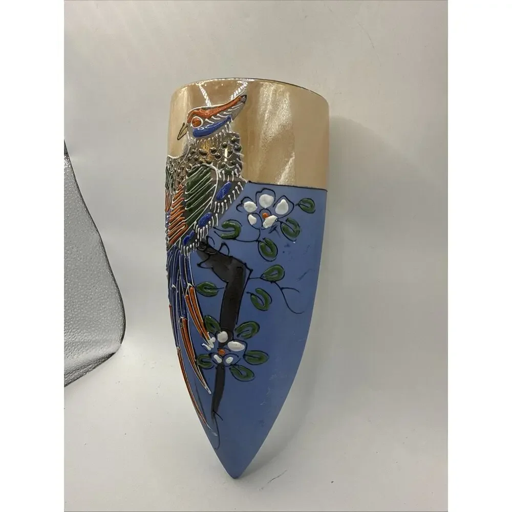 Vintage WALL POCKET Large Peach Lusterware Bird of Paradise 8.5
